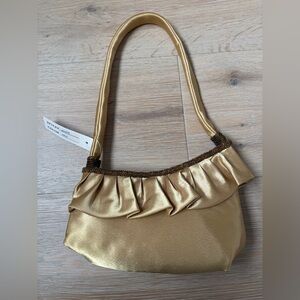 Gold Satin Evening Bag Small Gold Party Purse Ruffle Top, Shoulder Handle *G28